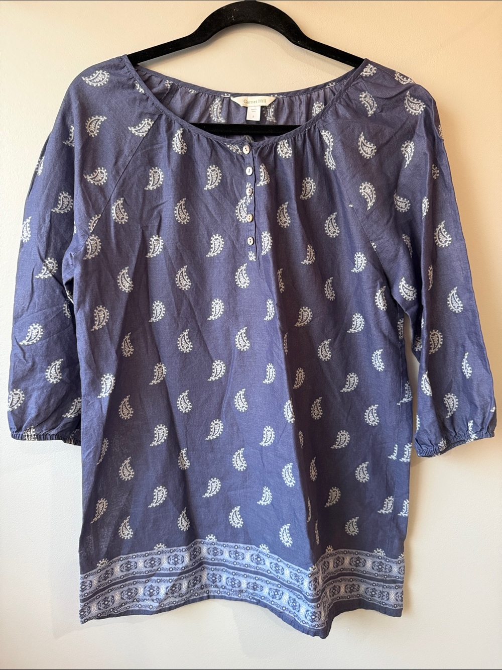 Garnet Hill Navy Paisley-Print 3/4 Sleeve Tunic western boho cotton